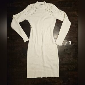 Elegant White Knit Dress with Pearly Embellishments
